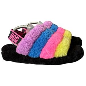 UGG Fluff Yeah Slide Taffy Rainbow Pink Black Sheepskin Slingback Sandal Sz 7
